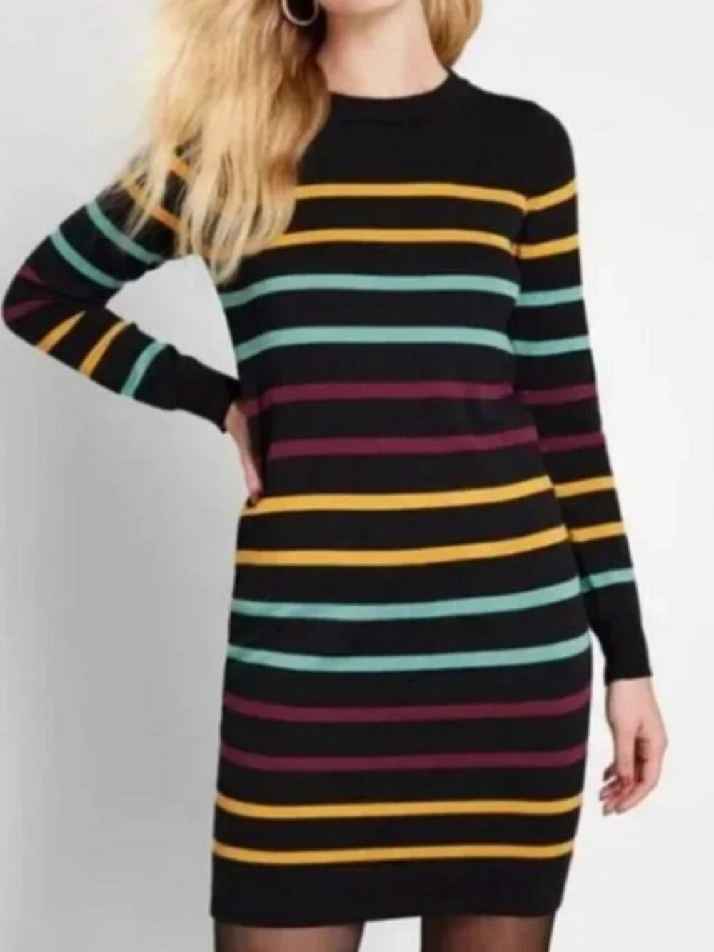 Modcloth Casual Message Multicolored Striped Black Sweater Dress
